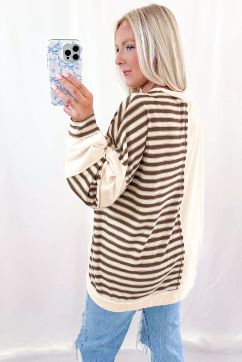 Colorblock Striped Patchwork Henley Pullover Top Exposed-Seam Drop-Shoulder